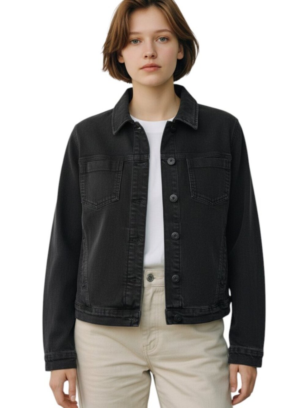 Chico's Size 1 Reg Medium Black Denim Cropped Jean Jacket 20 in length 4 Pockets
